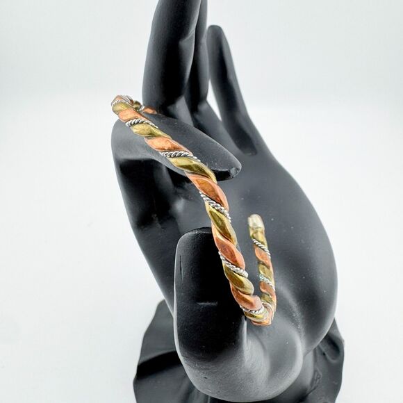 Vintage Copper Brass Silver Tone Twisted Cuff Bracelet Boho Torque Southwestern - Picture 4 of 9